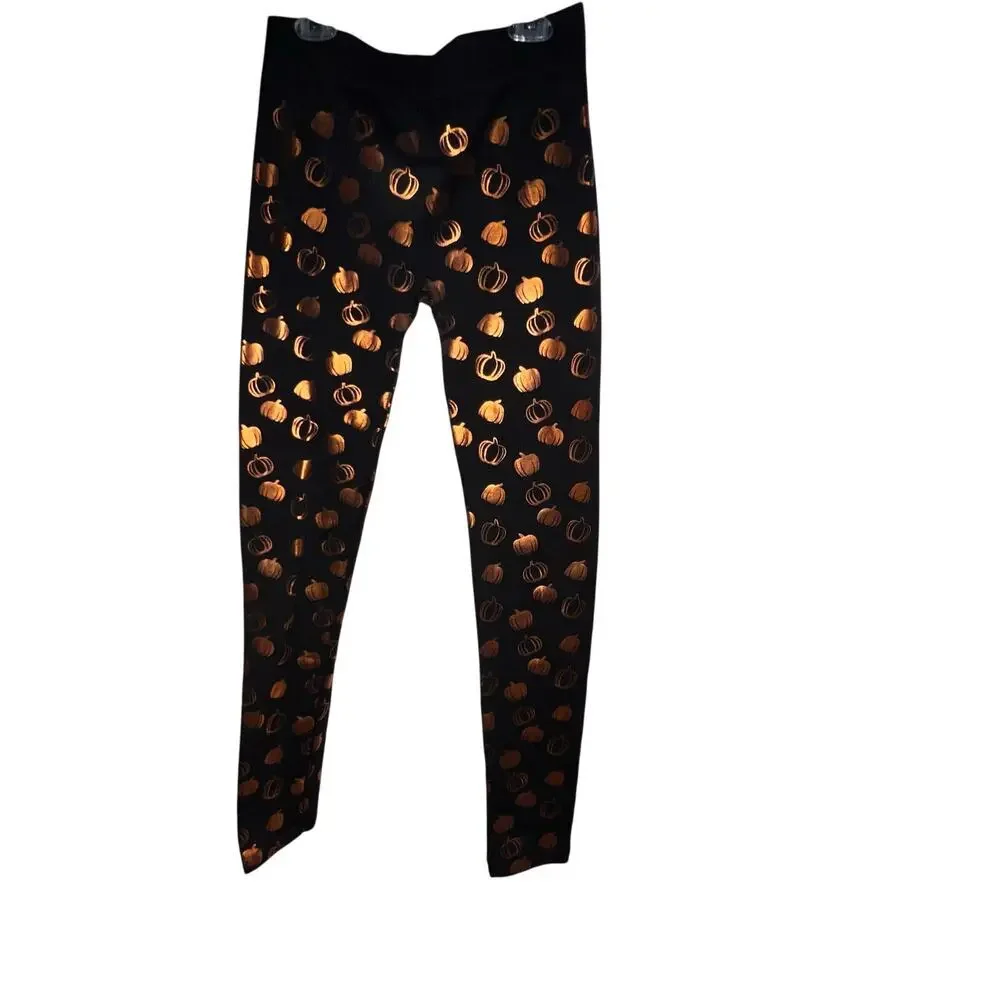 Pumpkin‎ Metallic Black Orange Leggings Goth Grunge Y2K Small/Medium